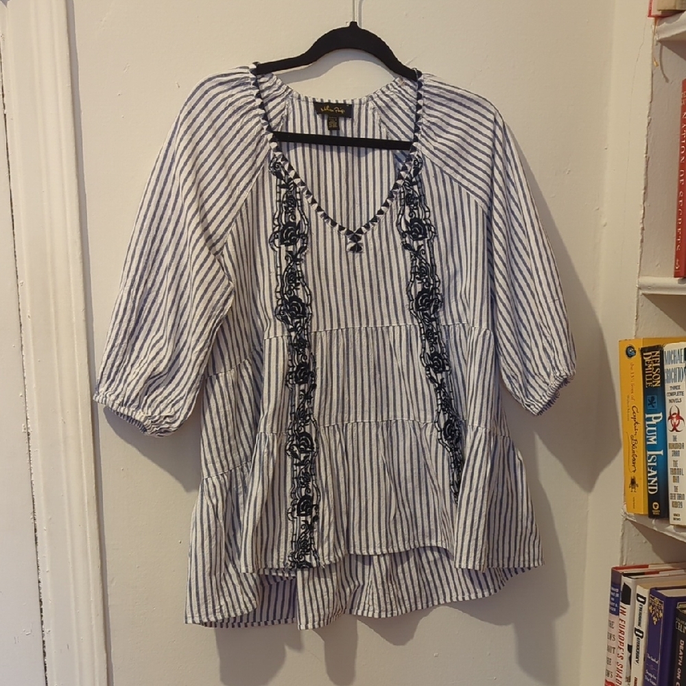 Blue and White Striped Embroidered Blouse Size S